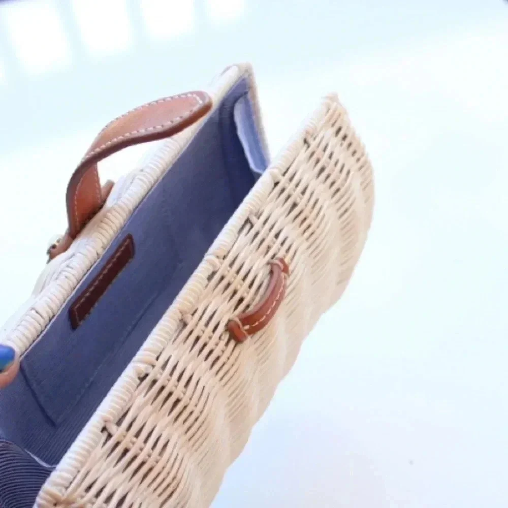 J. McLaughlin Cream Wicker Clutch with Tan Leather Strap